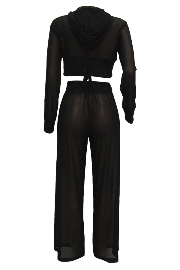  Sexy See-Through Black Polyester Two-piece Pants Set