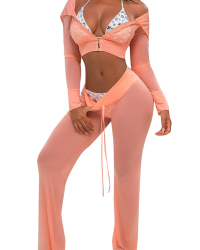  Sexy See-Through Pink Polyester Two-piece Pants Set