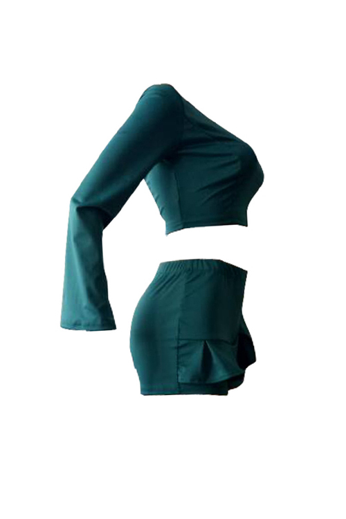  Sexy Show A Shoulder Falbala Design Green Twilled Satin Two-piece Shorts Set