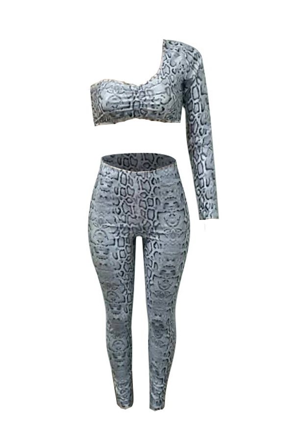  Sexy Show A Shoulder Grey Polyester Two-piece Pants Set