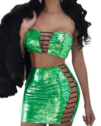  Sexy Strapless Hollow-out Green Polyester Two-piece Skirt Set(Without Coat)