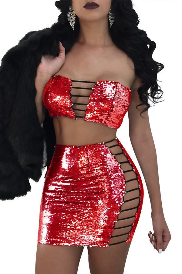  Sexy Strapless Hollow-out Red Polyester Two-piece Skirt Set(Without Coat)
