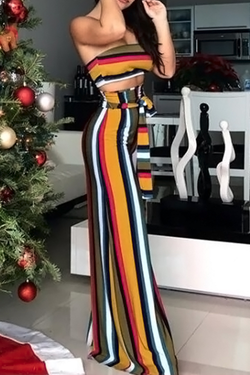  Sexy Strapless Wide legs Design Striped Printed Qmilch Two-Piece Pants Set(With Belt)