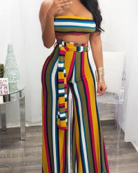  Sexy Strapless Wide legs Design Striped Printed Qmilch Two-Piece Pants Set(With Belt)