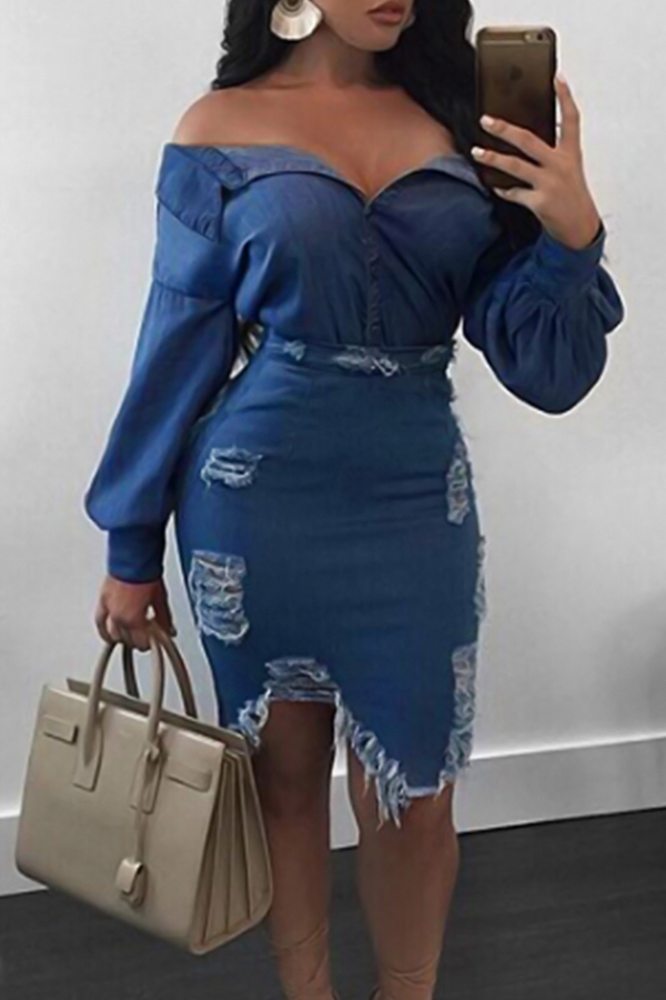  Sexy Turndown Collar Broken Holes Torn Edges Blue Denim Two-piece Skirt Set