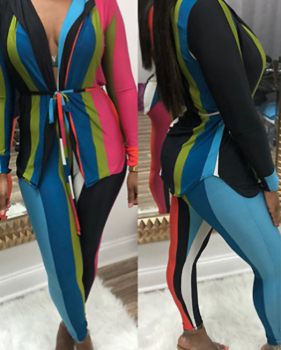  Sexy Turndown Collar Colorful Striped Qmilch Two-piece Pants Set