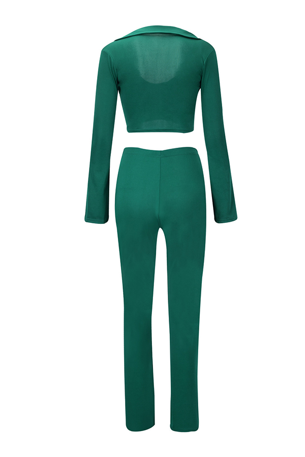  Sexy Turndown Collar Long Sleeves Green Polyester Two-piece Pants Set