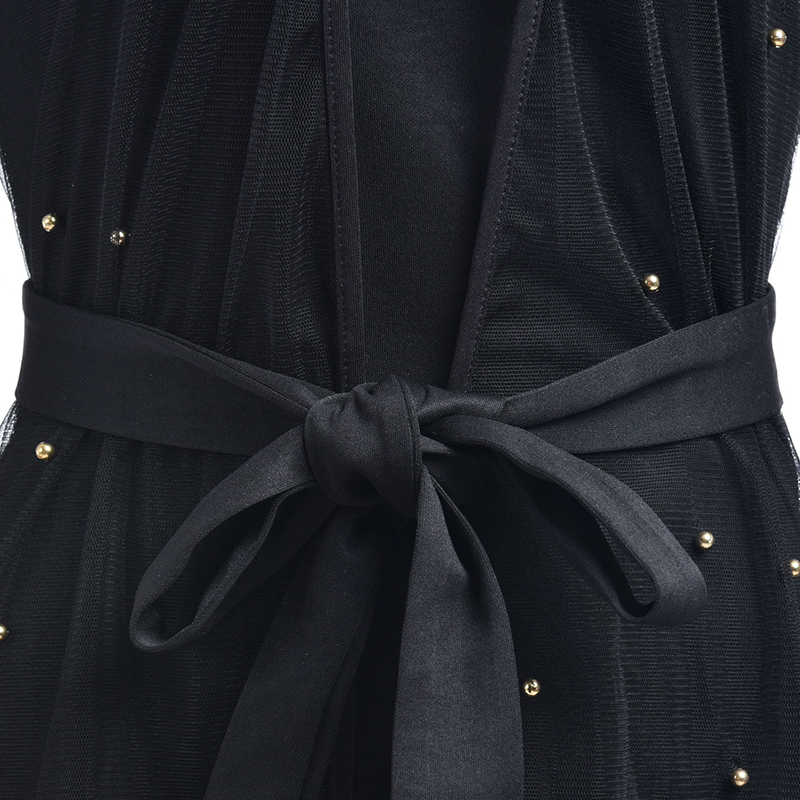  Sexy U Neck See-Through Black Linen Mid Calf Dress(With Coat)