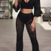  Sexy V Neck Hollow-out Black Bud Silk Two-piece Pants Set