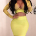  Sexy V Neck See-Through Yellow Bud Silk Two-piece Skirt Set
