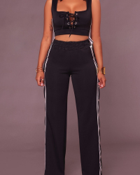  Sexy V Neck Side Split Black Polyester Two-piece Pants Set