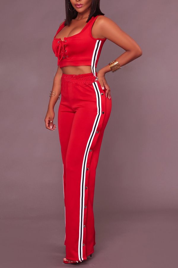  Sexy V Neck Side Split Red Polyester Two-piece Pants Set