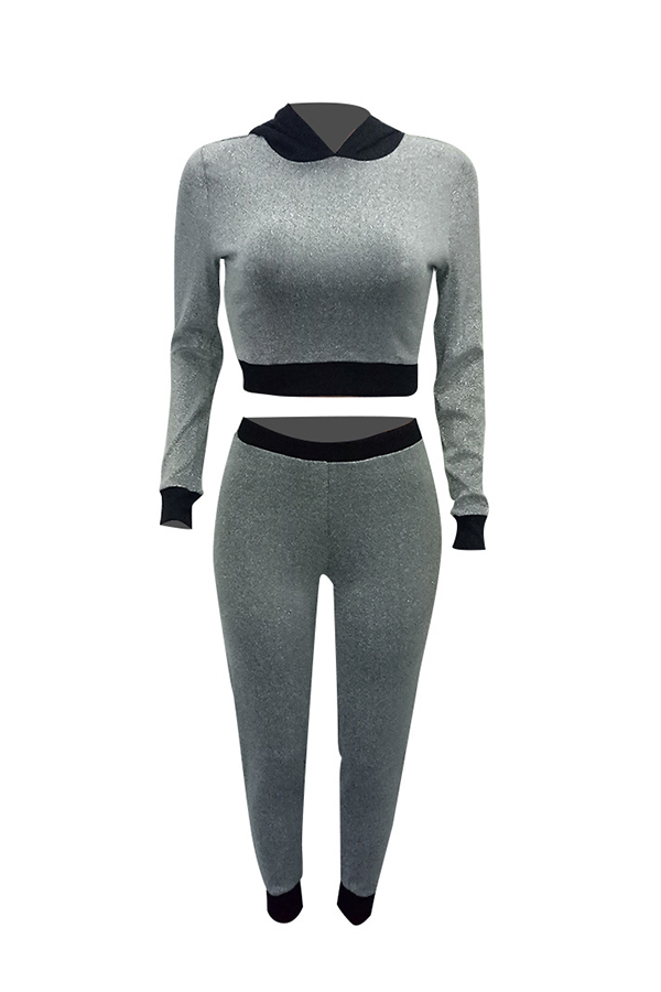  Stylish Hooded Collar Patchwork Grey Blending Two-piece Pants Set