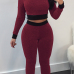  Stylish Hooded Collar Patchwork Wine Red Blending Two-piece Pants Set