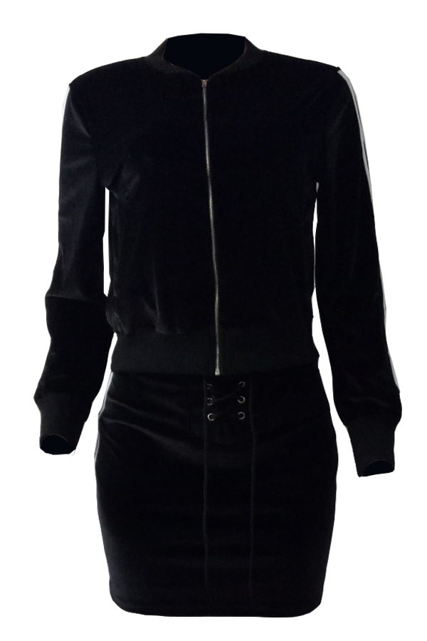  Stylish Mandarin Collar Lace-up Black Velvet Two-piece Skirt Set