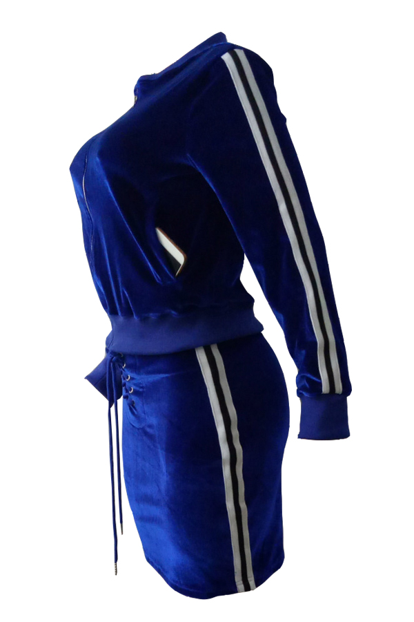  Stylish Mandarin Collar Lace-up Blue Velvet Two-piece Skirt Set