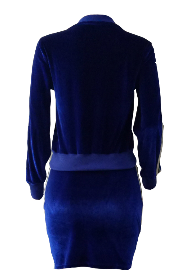  Stylish Mandarin Collar Lace-up Blue Velvet Two-piece Skirt Set