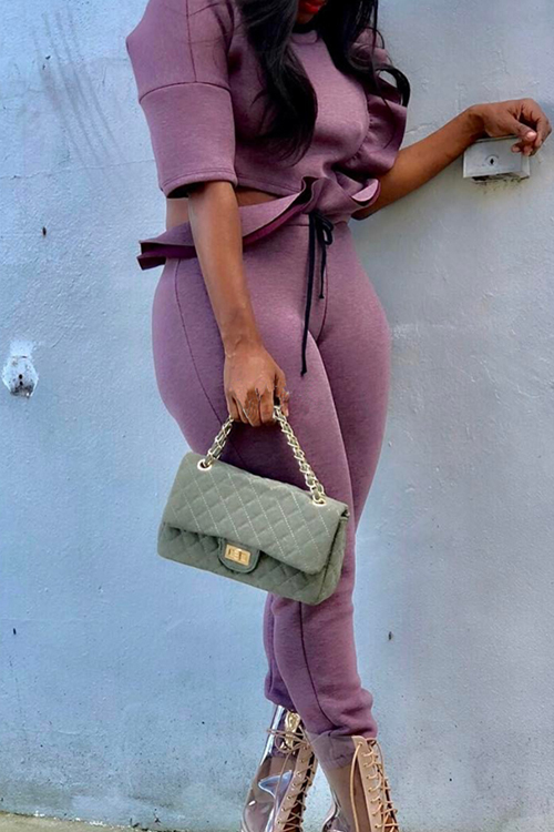  Stylish Round Neck Falbala Design Purple Polyester Two-Piece Pants Set