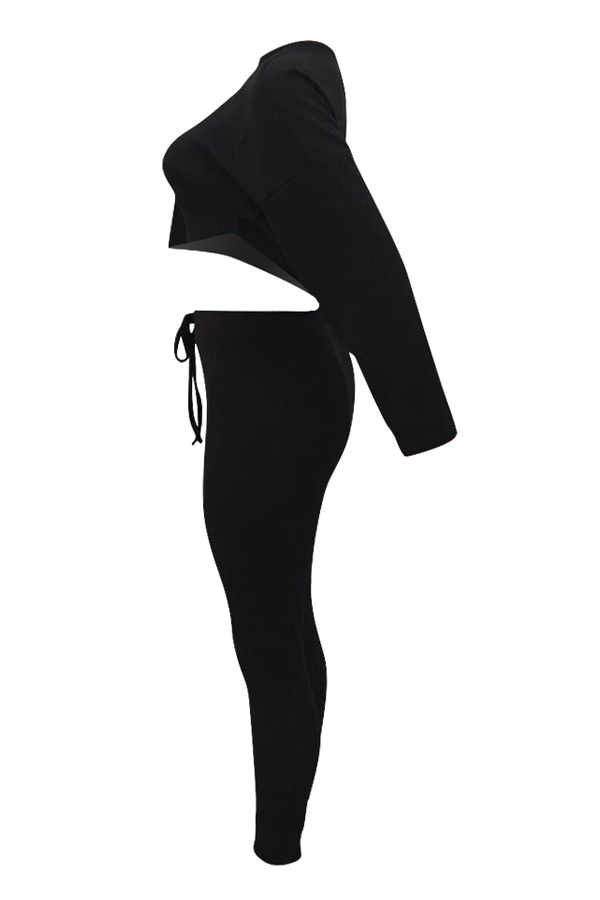  Stylish Sloping Shoulder Drawstring Black Cotton Two-Piece Pants Set
