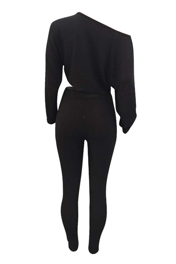  Stylish Sloping Shoulder Drawstring Black Cotton Two-Piece Pants Set