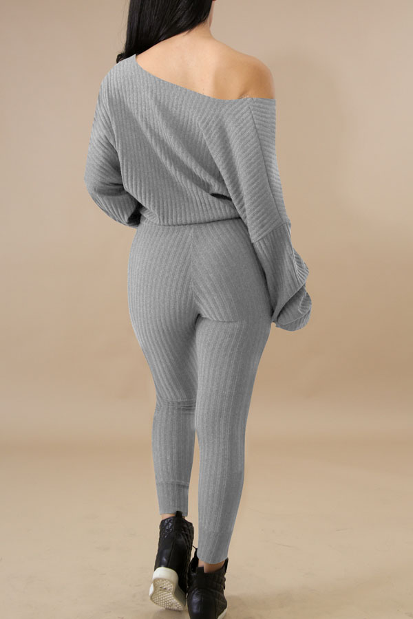  Stylish Sloping Shoulder Drawstring Grey Cotton Two-Piece Pants Set