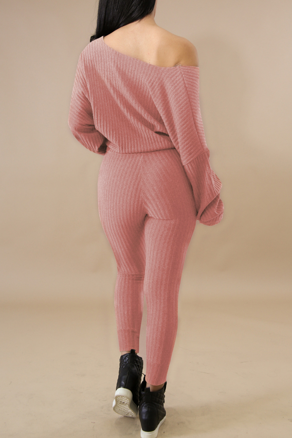  Stylish Sloping Shoulder Drawstring Pink Cotton Two-Piece Pants Set