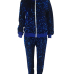  Stylish Turndown Collar Sequins Decoration Zipper Design Blue Polyester Two-Piece Pants Set