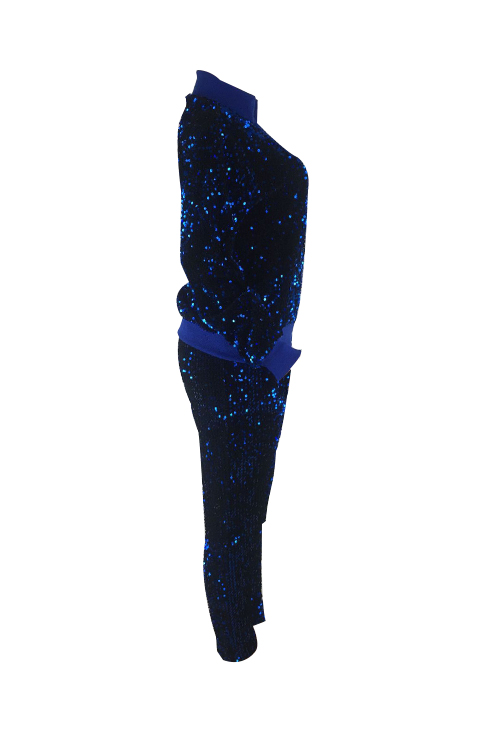  Stylish Turndown Collar Sequins Decoration Zipper Design Blue Polyester Two-Piece Pants Set