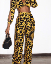  Stylish V Neck Printed Hollow-out Yellow Qmilch Two-Piece Pants Set