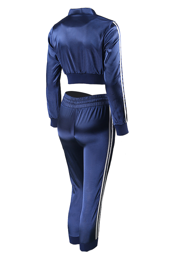  Trendy Mandarin Collar Long Sleeves Zipper Design Blue Polyester Two-piece Pants Set