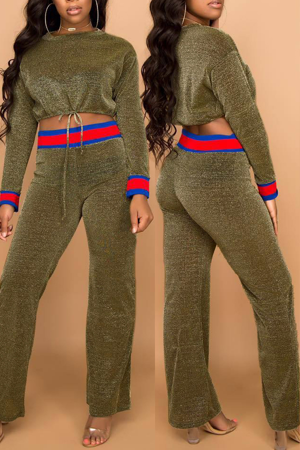  Trendy Round Neck Patchwork Green Polyester Two-piece Pants Set