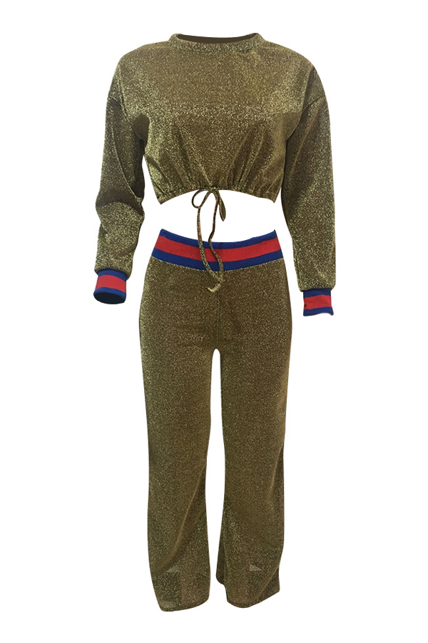  Trendy Round Neck Patchwork Green Polyester Two-piece Pants Set
