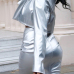  Trendy Turndown Collar Zipper Design Silver Polyester Two-piece Skirt Set