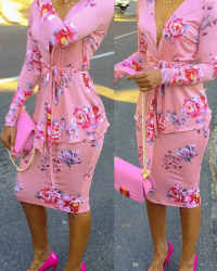  Trendy V Neck Long Sleeves Floral Print Pink Milk Fiber Two-piece Skirt Set