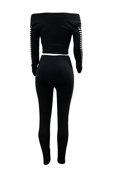 Black Qmilch Pants Solid O neck Long Sleeve Sexy Two Pieces