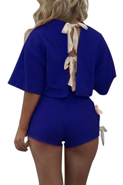 Blue Cotton Shorts Solid O neck Short Sleeve Sexy Two Pieces