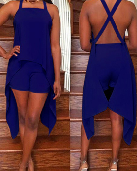 Blue Venetian Shorts Solid U Neck Sleeveless Fashion Two Pieces