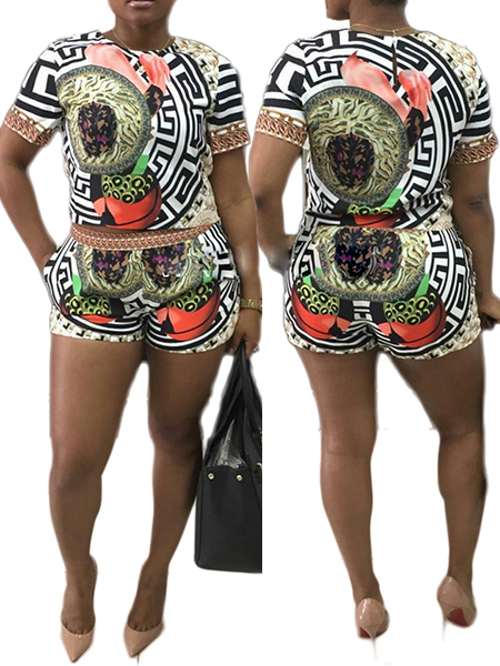 Bohemian Style Round Neck Short Sleeves Printed Qmilch Two-piece Shorts Set