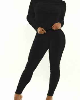 Casual Long Sleeves Black Polyester Two-piece Regular Pants Set