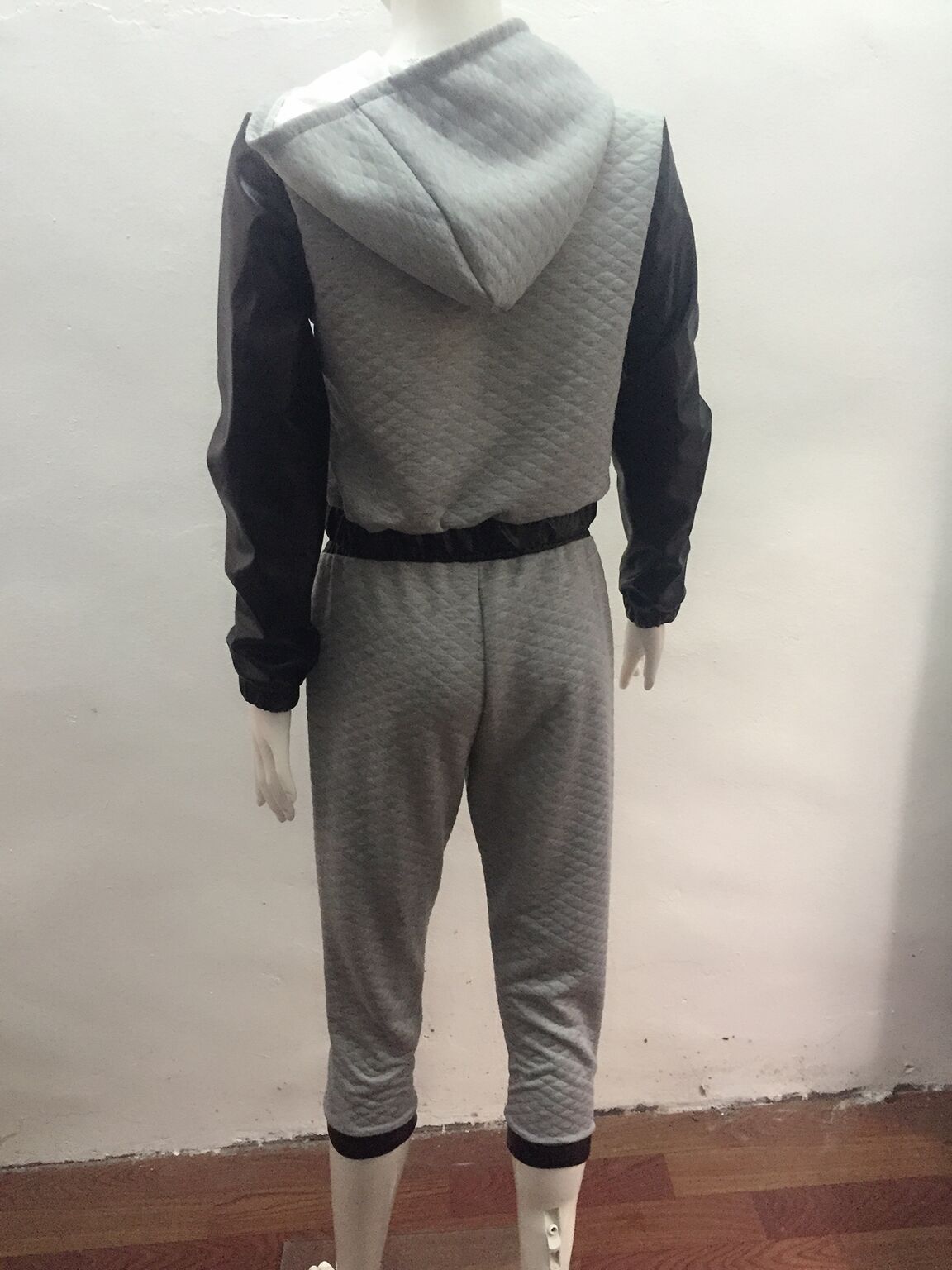 Casual Long Sleeves PU Patchwork Grey Cottob Blend Two-piece Hooded Sweat Set(Please in Kind Prevail)