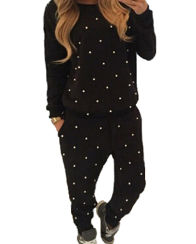 Casual O Neck Long Sleeves Beaded Solid Black Blending Two-piece Pants Set
