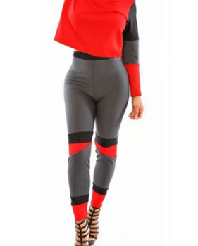 Casual O Neck Long Sleeves Color-block Splicing Polyester Two-piece Pants Set
