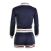 Casual Round Neck Long Sleeves Patchwork Polyester Two-piece Shorts Set