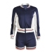 Casual Round Neck Long Sleeves Patchwork Polyester Two-piece Shorts Set