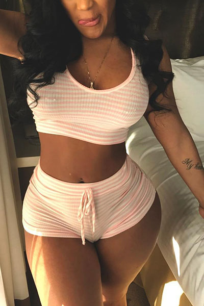 Casual Round Neck Sleeveless Striped Pink Polyester Two-piece Shorts Set