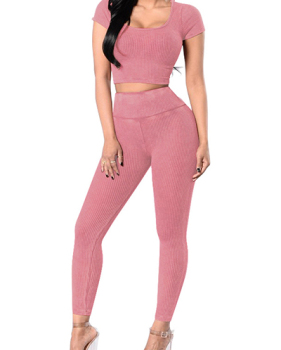 Casual U-shaped Neck Short Sleeves High Waist Pink Cotton Blend Two-piece Pants Set