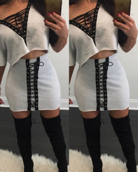 Casual V Neck Half Sleeves Lace-up Hollow-out Grey Polyester Two-piece Skirt Set
