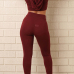 Casual V Neck Long Sleeves High Waist Broken Holes Red Knitting Two-piece Pants Set