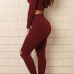 Casual V Neck Long Sleeves High Waist Broken Holes Red Knitting Two-piece Pants Set