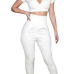 Charismatic Round Neck Short Sleeves V-shaped Hollow-out White Polyester Two-piece Pants Set